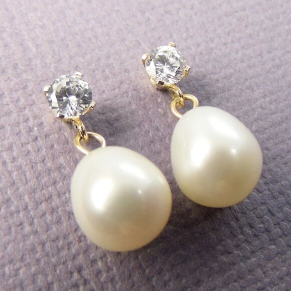 Dangle 14KY gold PEARL Stud Earrings NEW - Picture 5 of 8